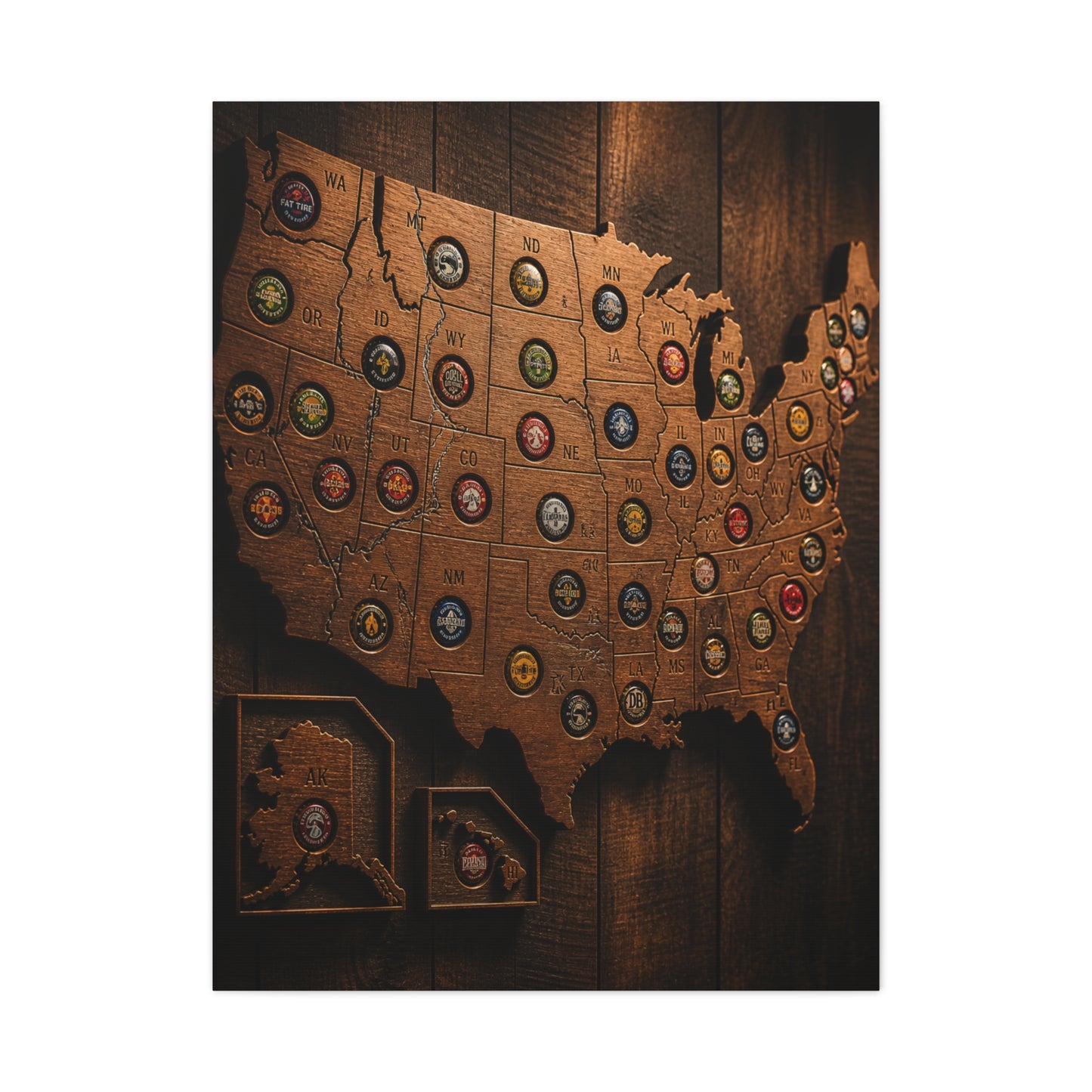 Wooden Beer Cap USA Map Wall Art & Canvas Print