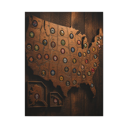 Wooden Beer Cap USA Map Wall Art & Canvas Print