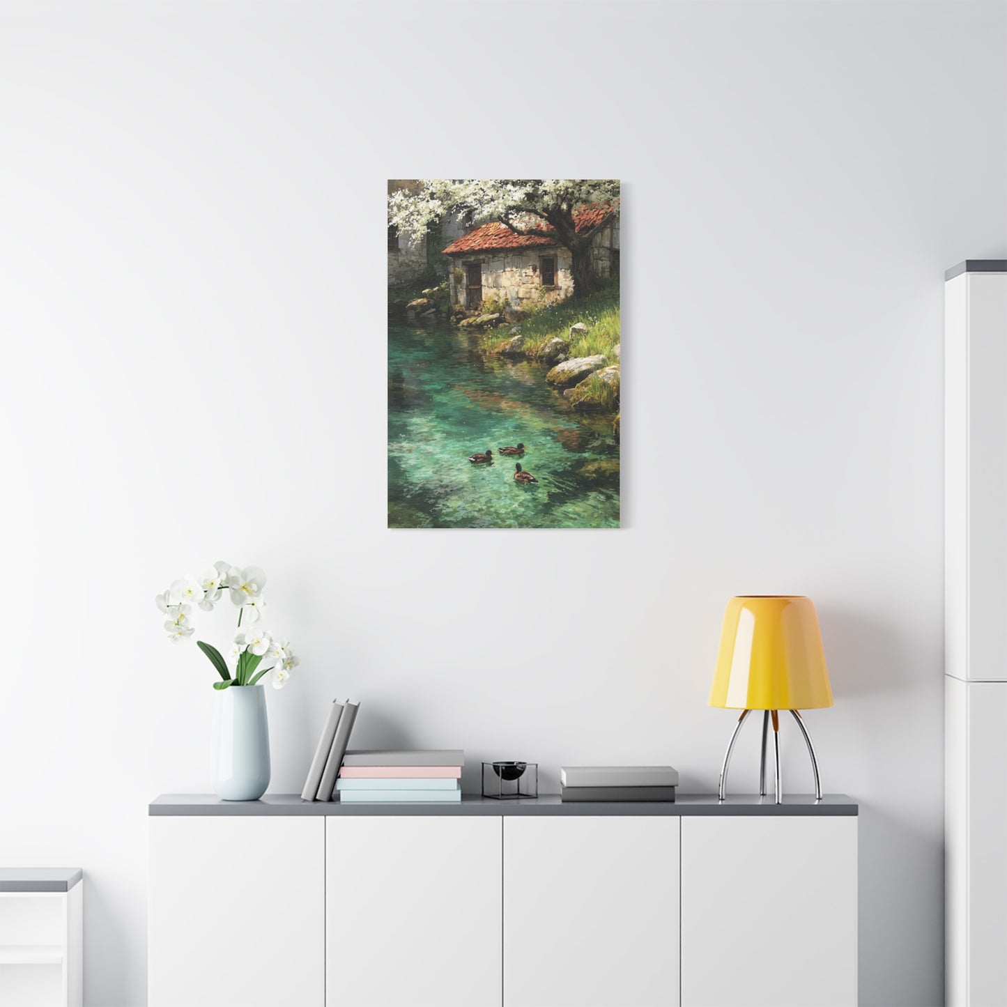 Spring Farmhouse Stream Scene Wall Art & Canvas Print