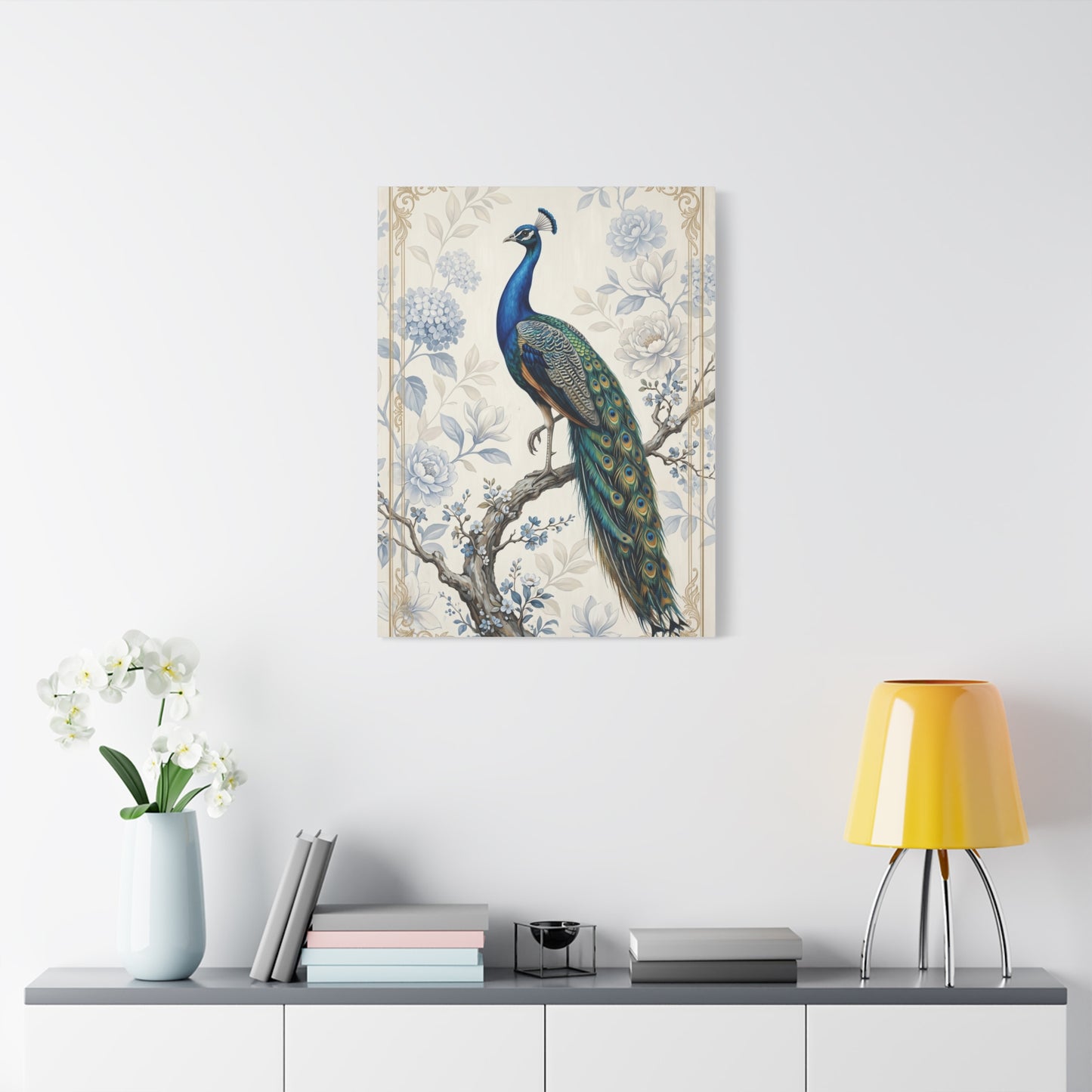 Elegant Blue Botanical Peacock Wall Art & Canvas Print