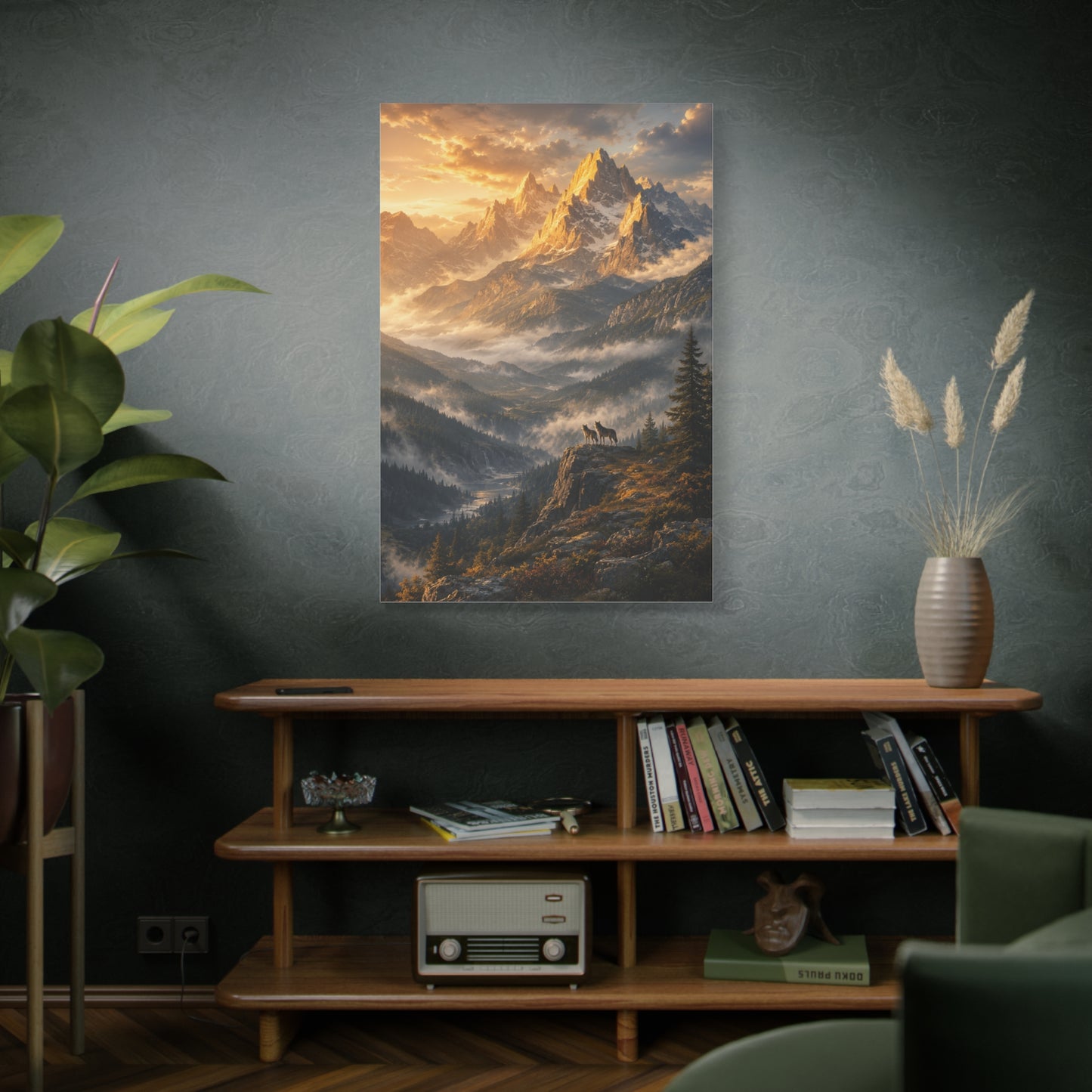 Golden Mountain Valley Wolf Pair Landscape Wall Art & Canvas Print