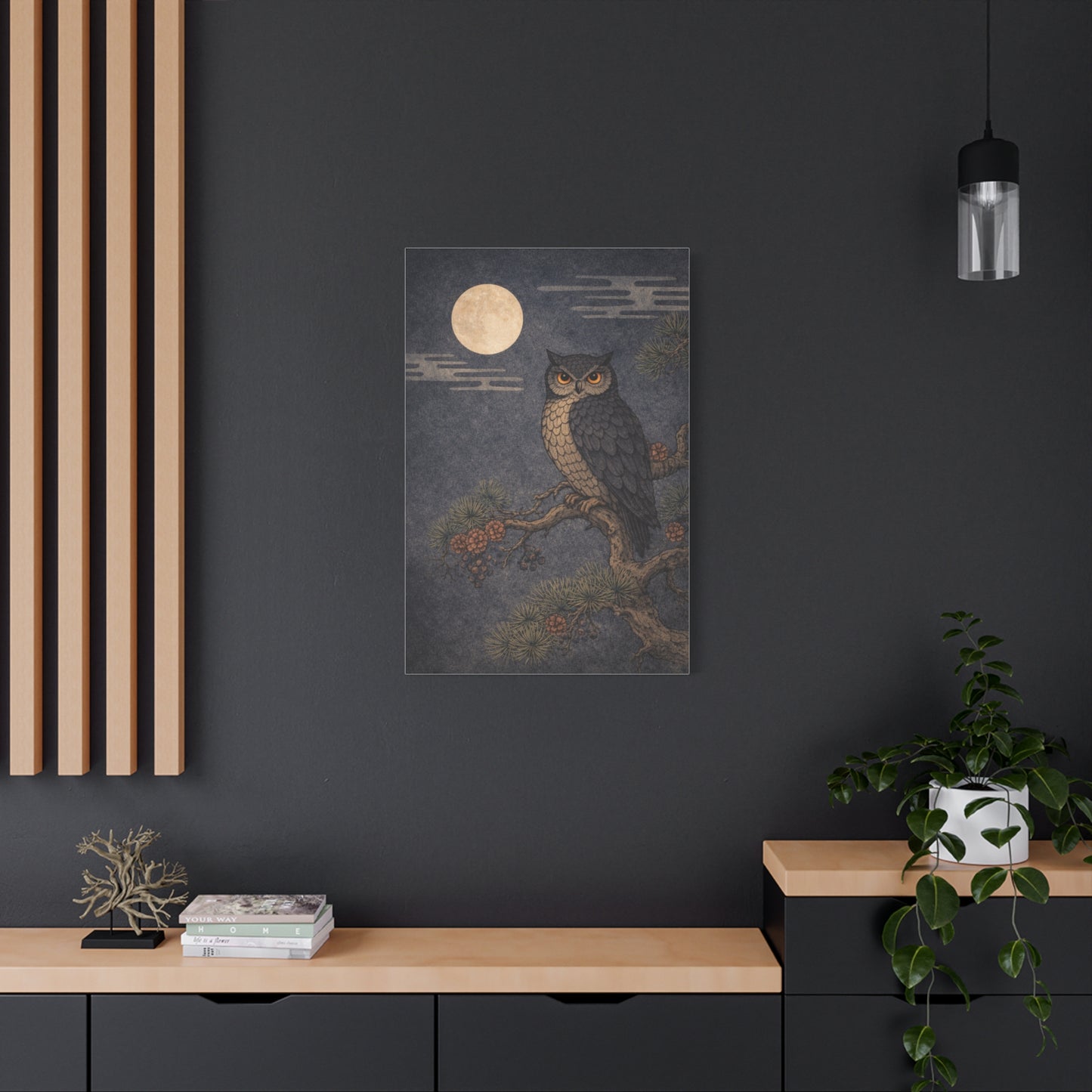 Nocturnal Pine Branch Owl Illustration Wall Art & Canvas Print