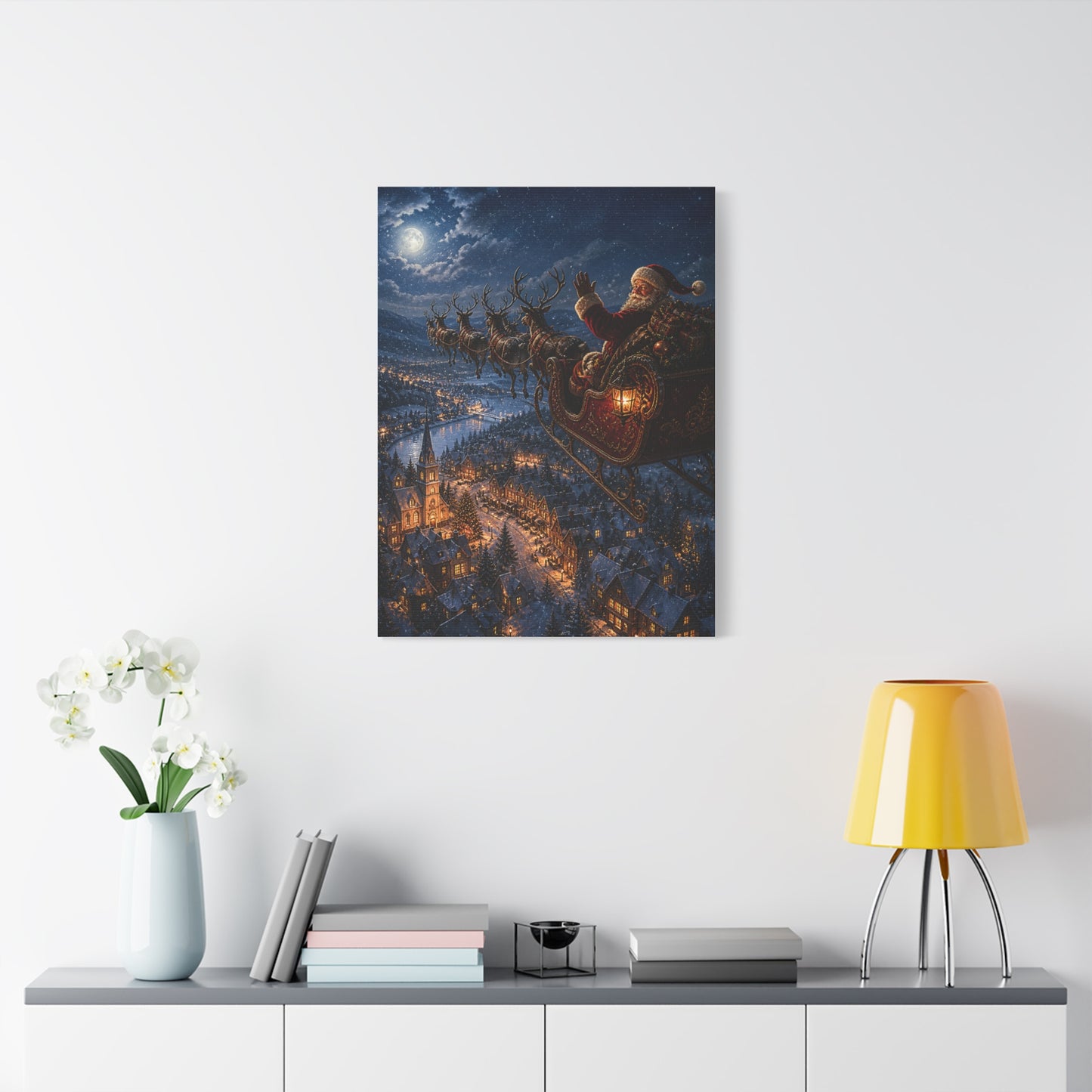 Santa Sleigh Flight Over Snowy Village Wall Art & Canvas Print