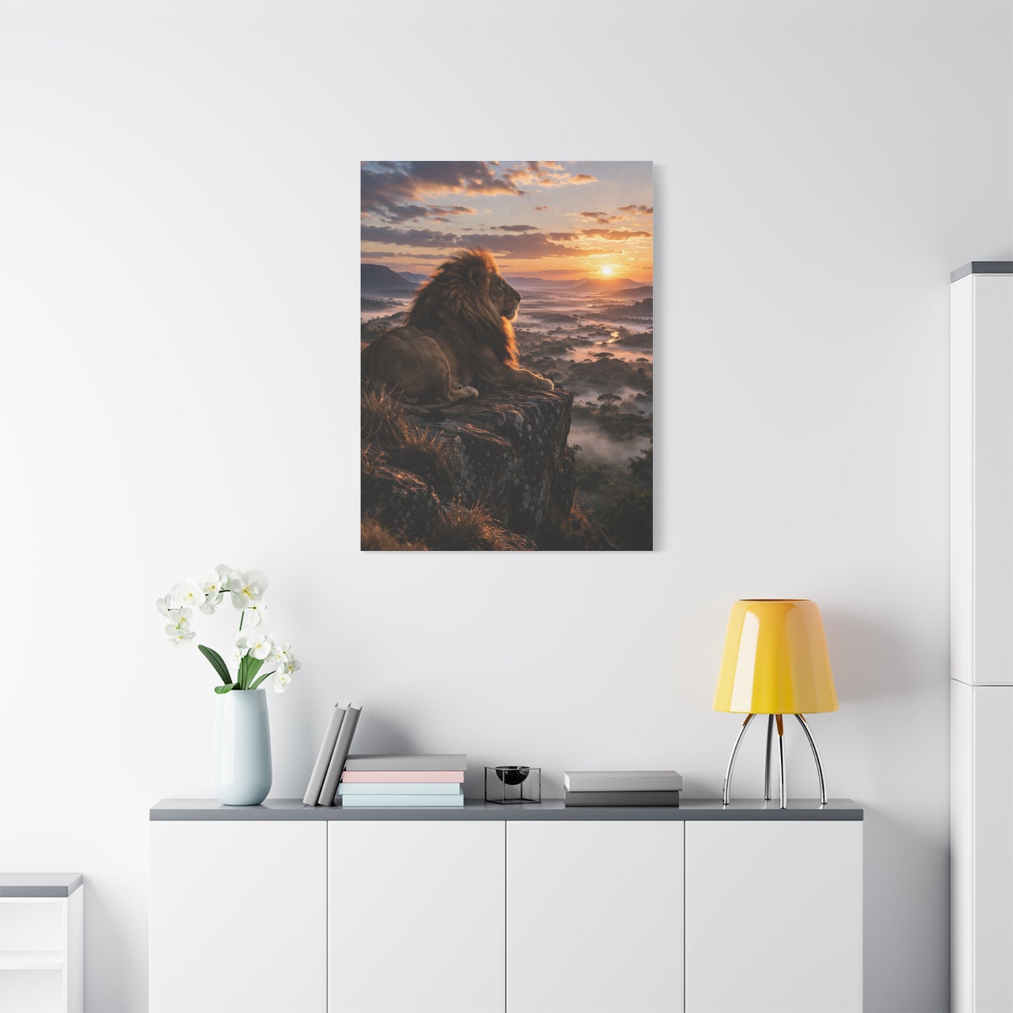 Lion at Sunrise Over Savannah Valley Wall Art & Canvas Print