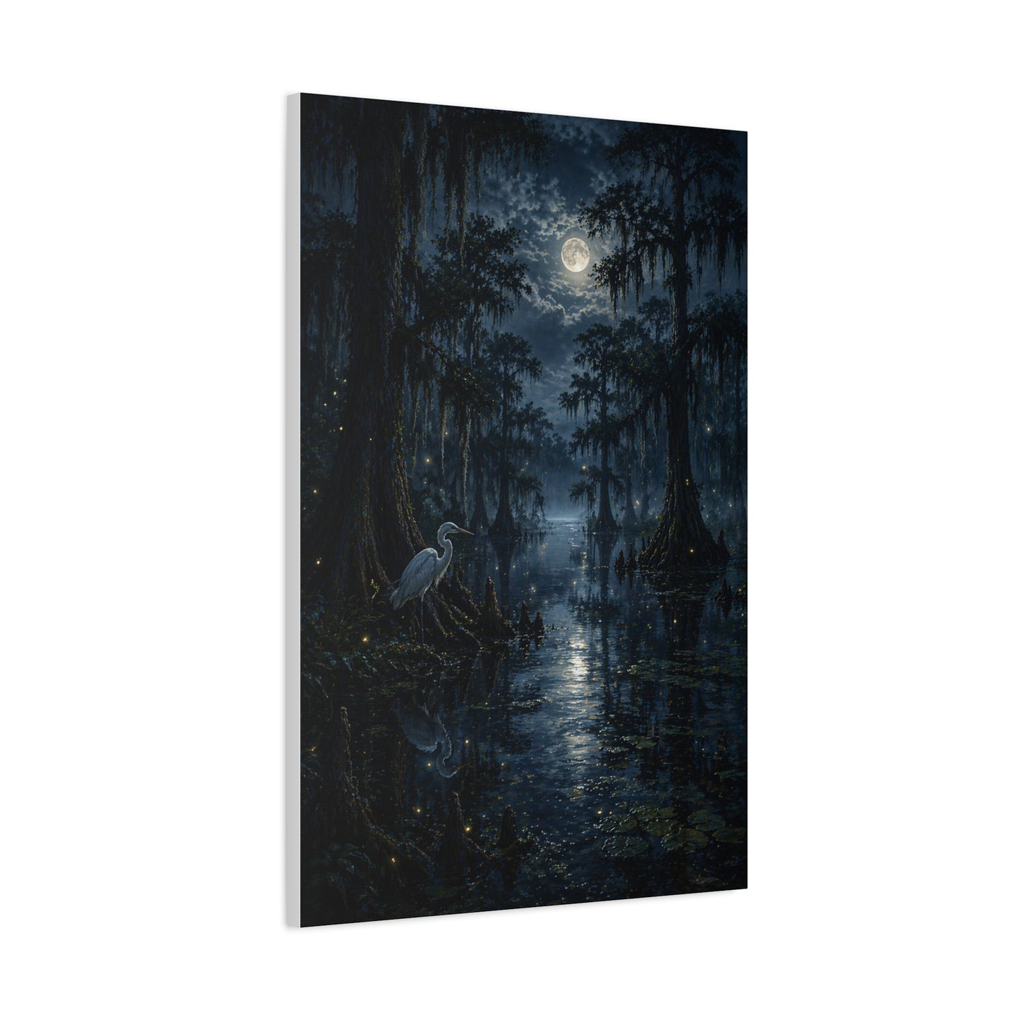Moonlit Bayou Heron Scene Wall Art & Canvas Print