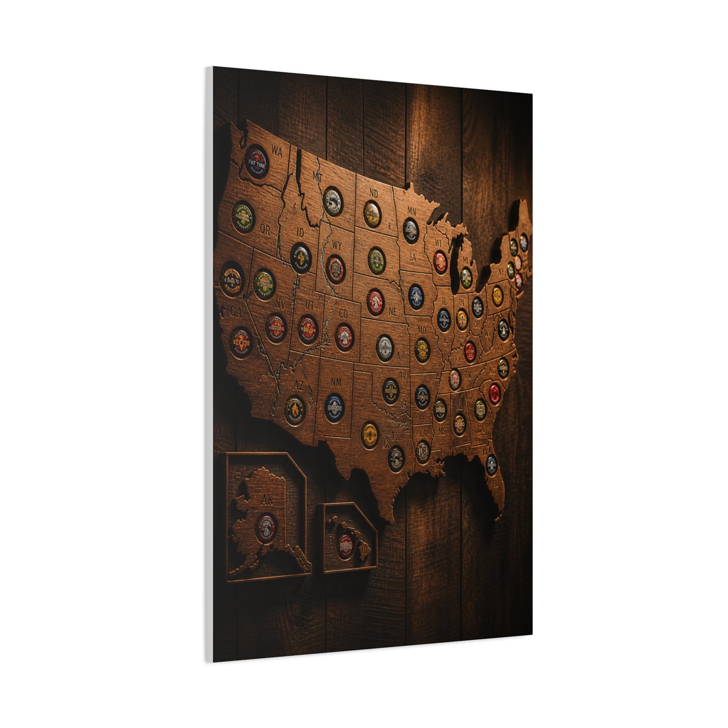 Wooden Beer Cap USA Map Wall Art & Canvas Print