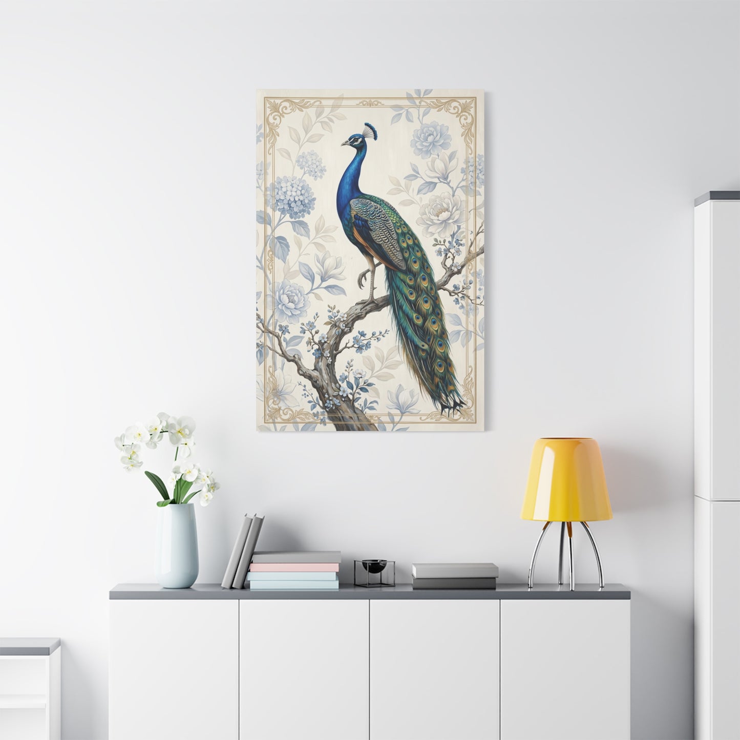 Elegant Blue Botanical Peacock Wall Art & Canvas Print