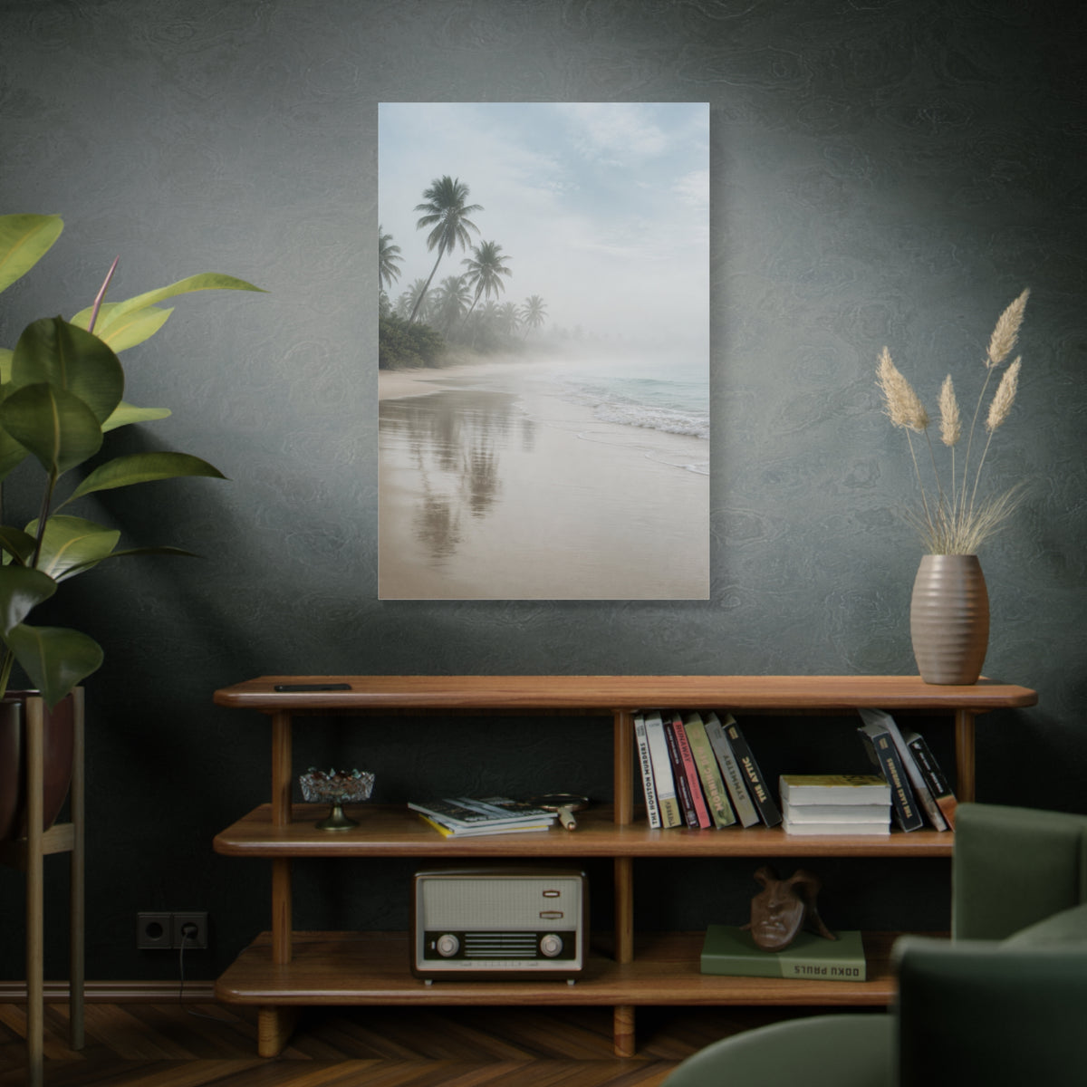 Misty Coastal Palm Shoreline Minimal Tropical Wall Art & Canvas Print