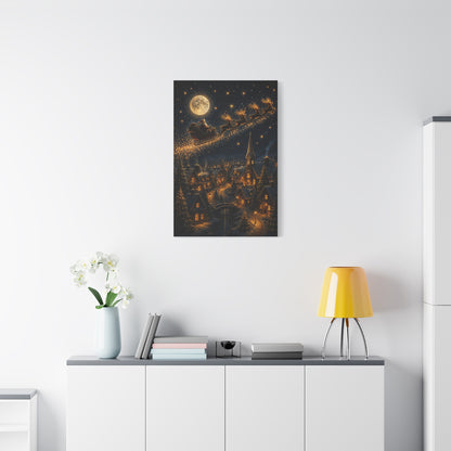 Moonlit Santa Sleigh Over Winter Village Wall Art & Canvas Print