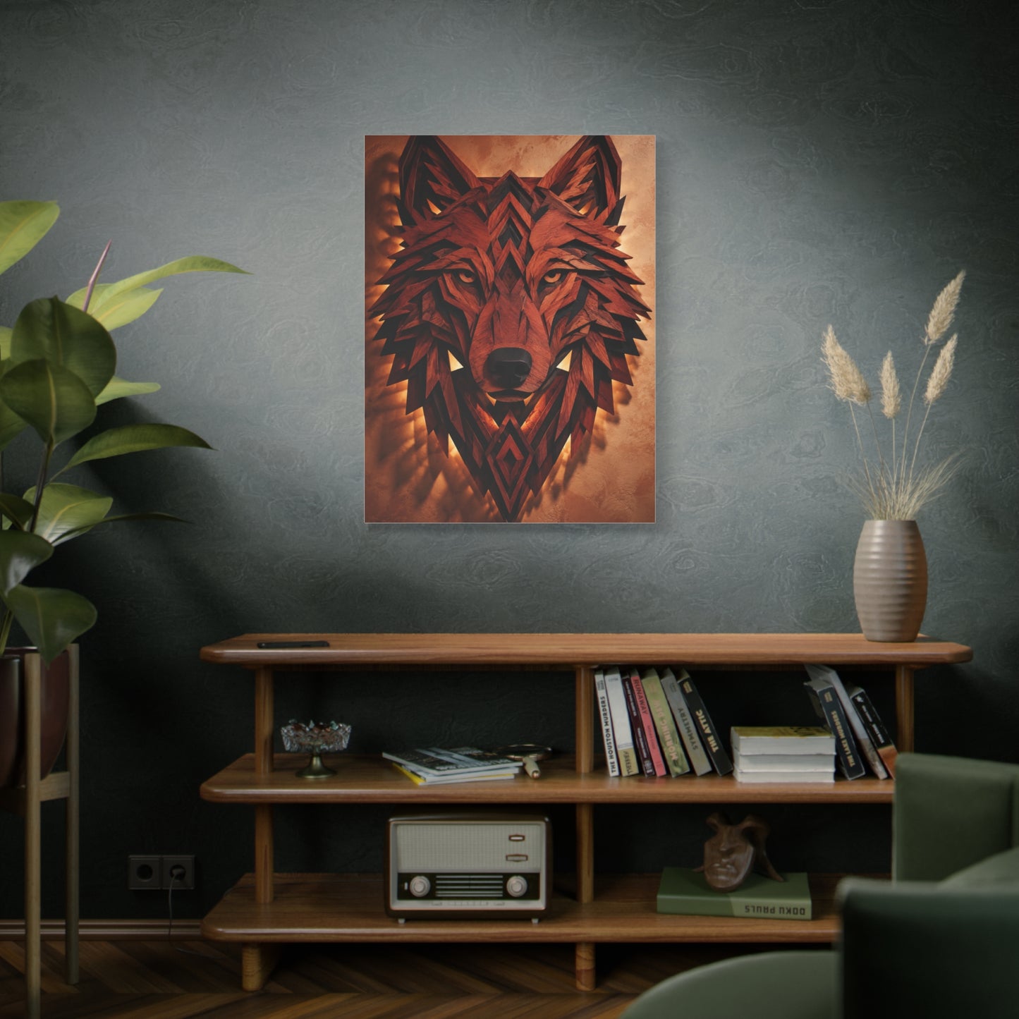 Geometric Carved Wood Wolf Head Sculpture Wall Art & Canvas Print