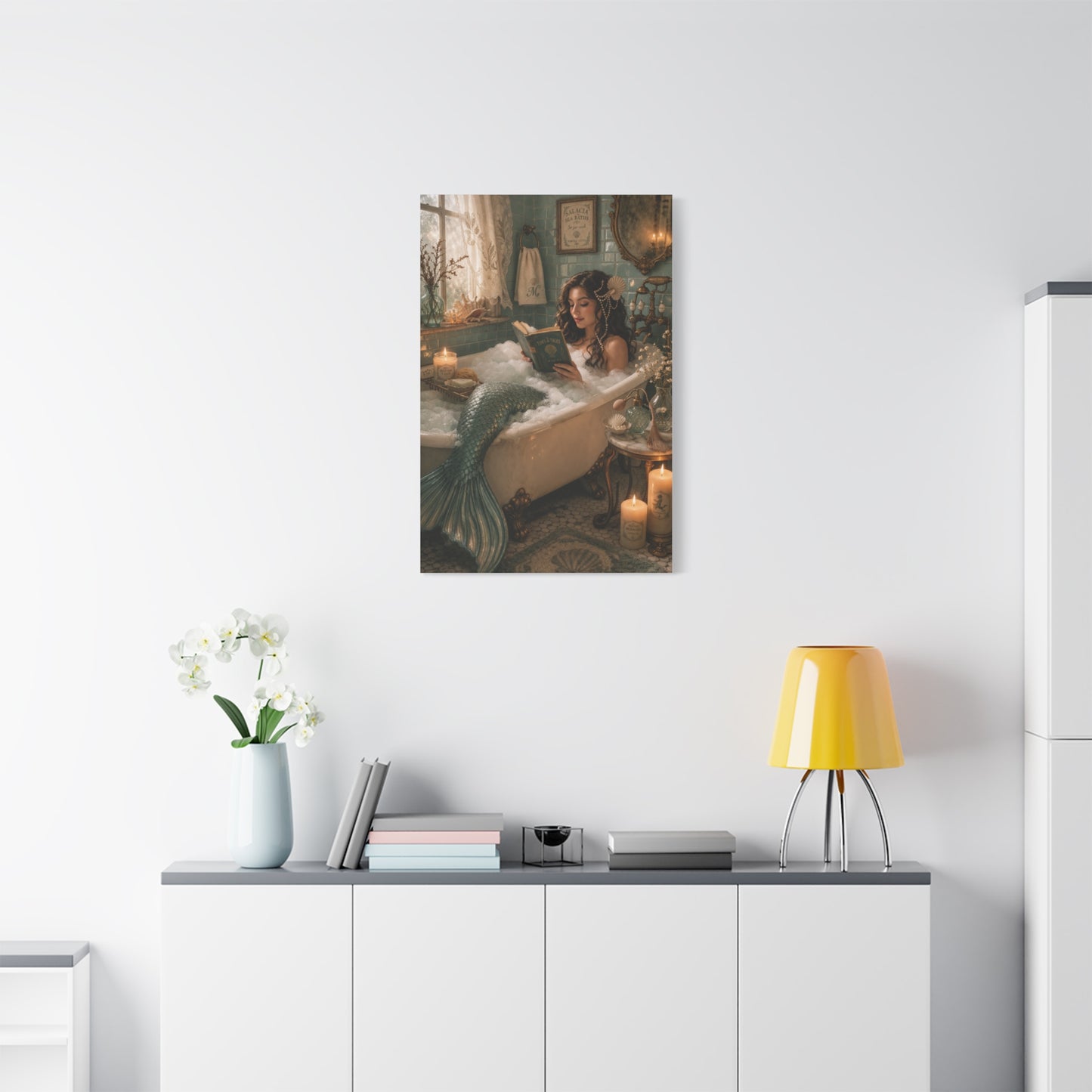 Vintage Bath Mermaid Reading Wall Art & Canvas Print