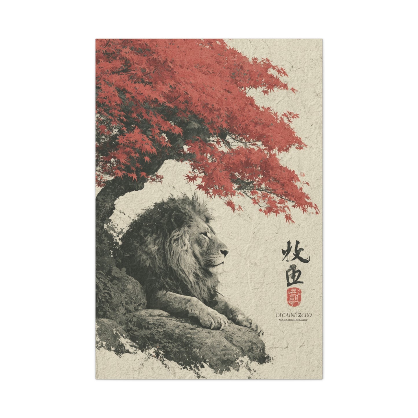 Lion Under Red Maple Zen Composition Wall Art & Canvas Print