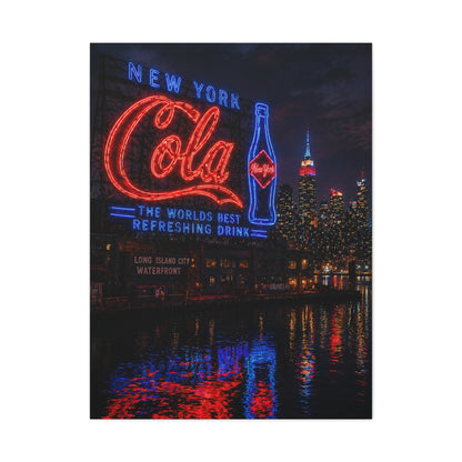Neon Waterfront Skyline Cola Sign Wall Art & Canvas Print