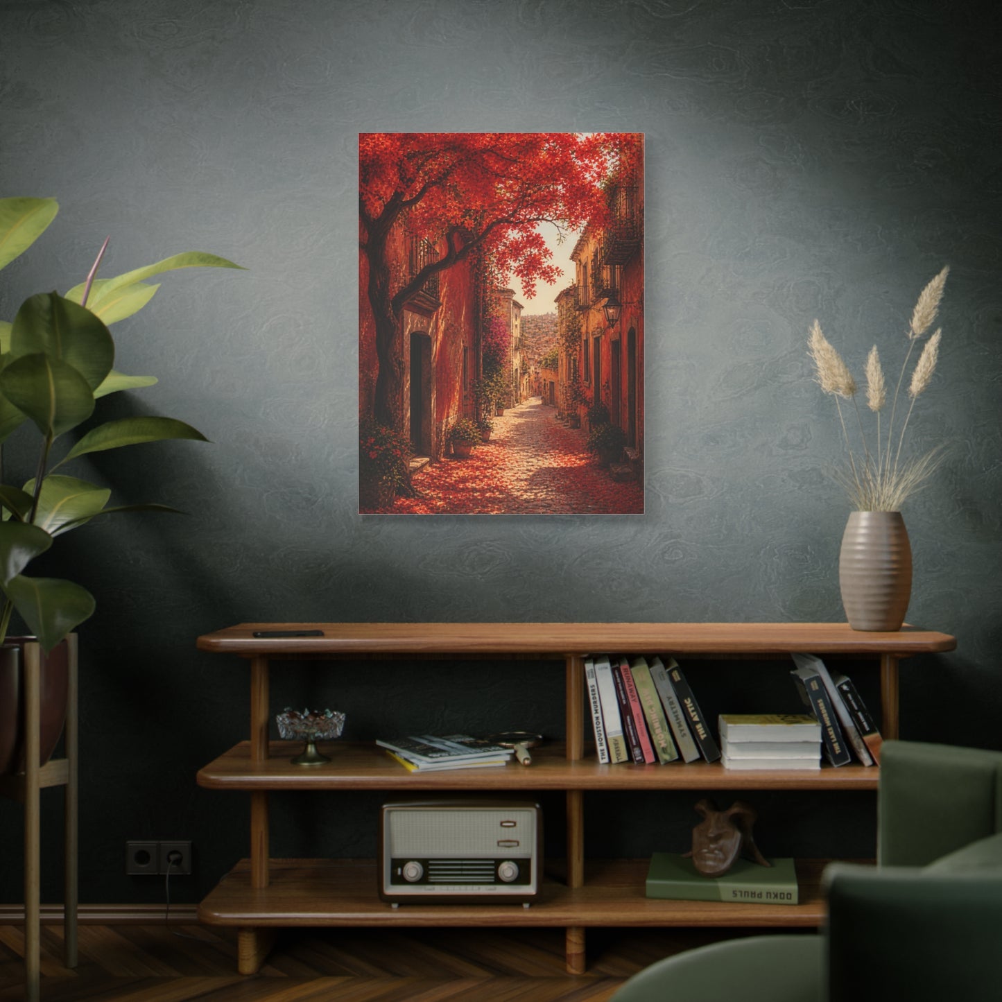 Autumn Red Blossom Street Scene Wall Art & Canvas Print