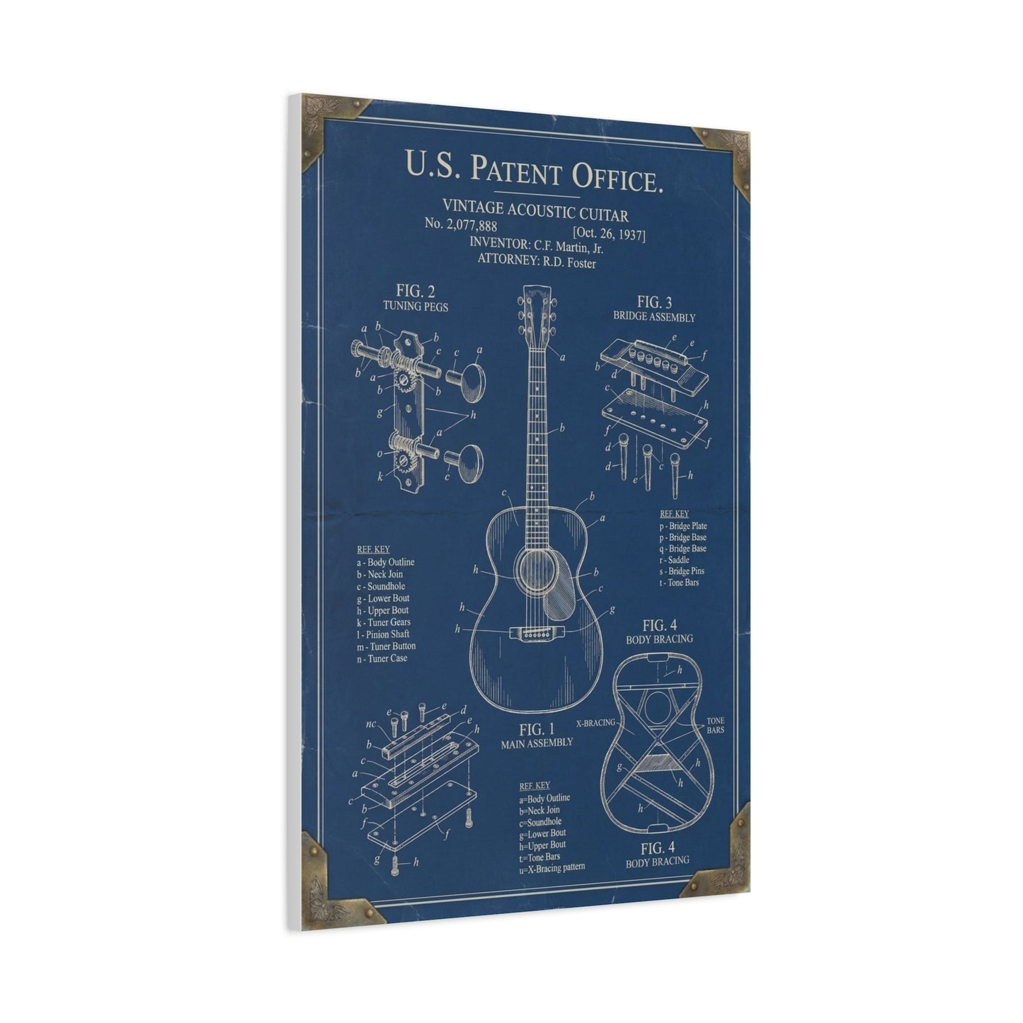 Vintage Acoustic Guitar Patent Blueprint Wall Art & Canvas Print