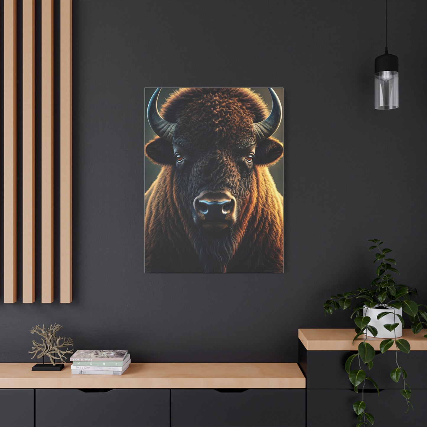 Cinematic Frontal Bison Portrait with Golden Backlight Wall Art & Canvas Print