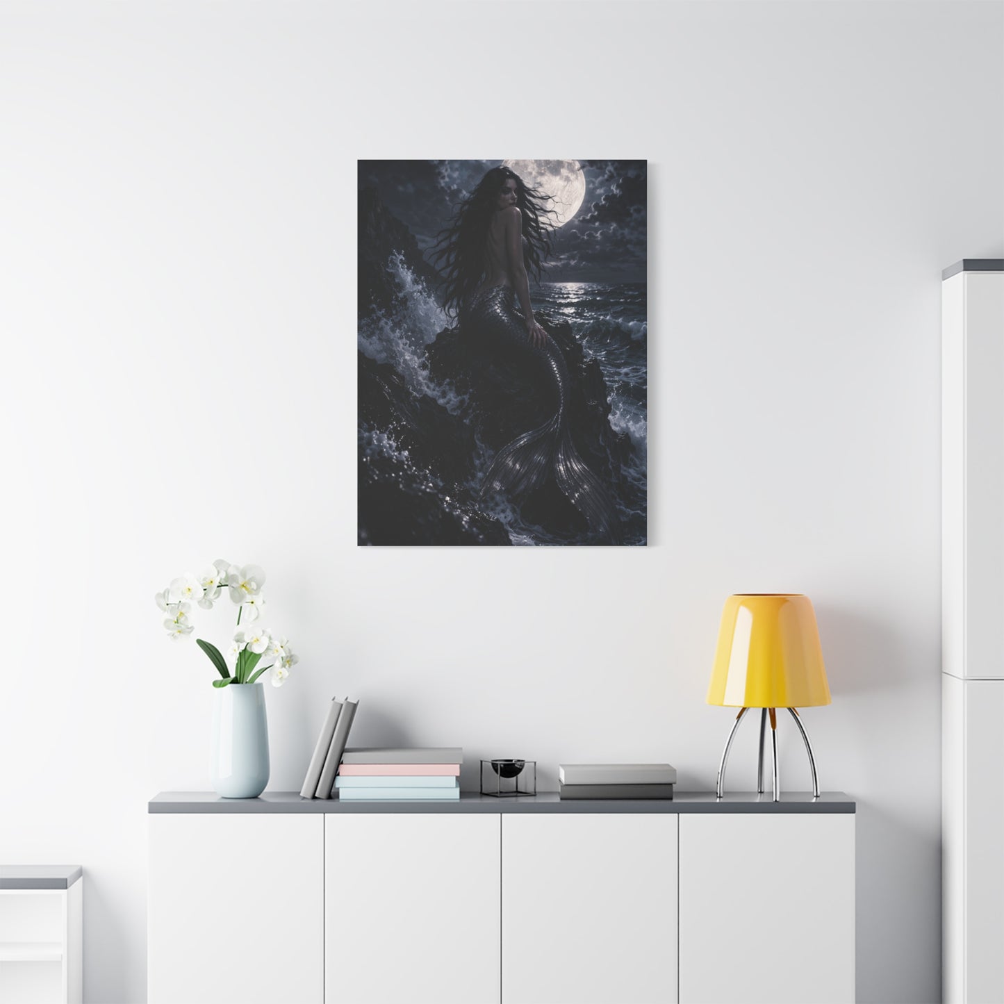 Midnight Moon Siren on the Rocks Wall Art & Canvas Print