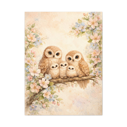 Whimsical Owl Family Blossom Scene Wall Art & Canvas Print
