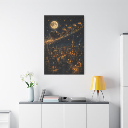 Moonlit Santa Sleigh Over Winter Village Wall Art & Canvas Print