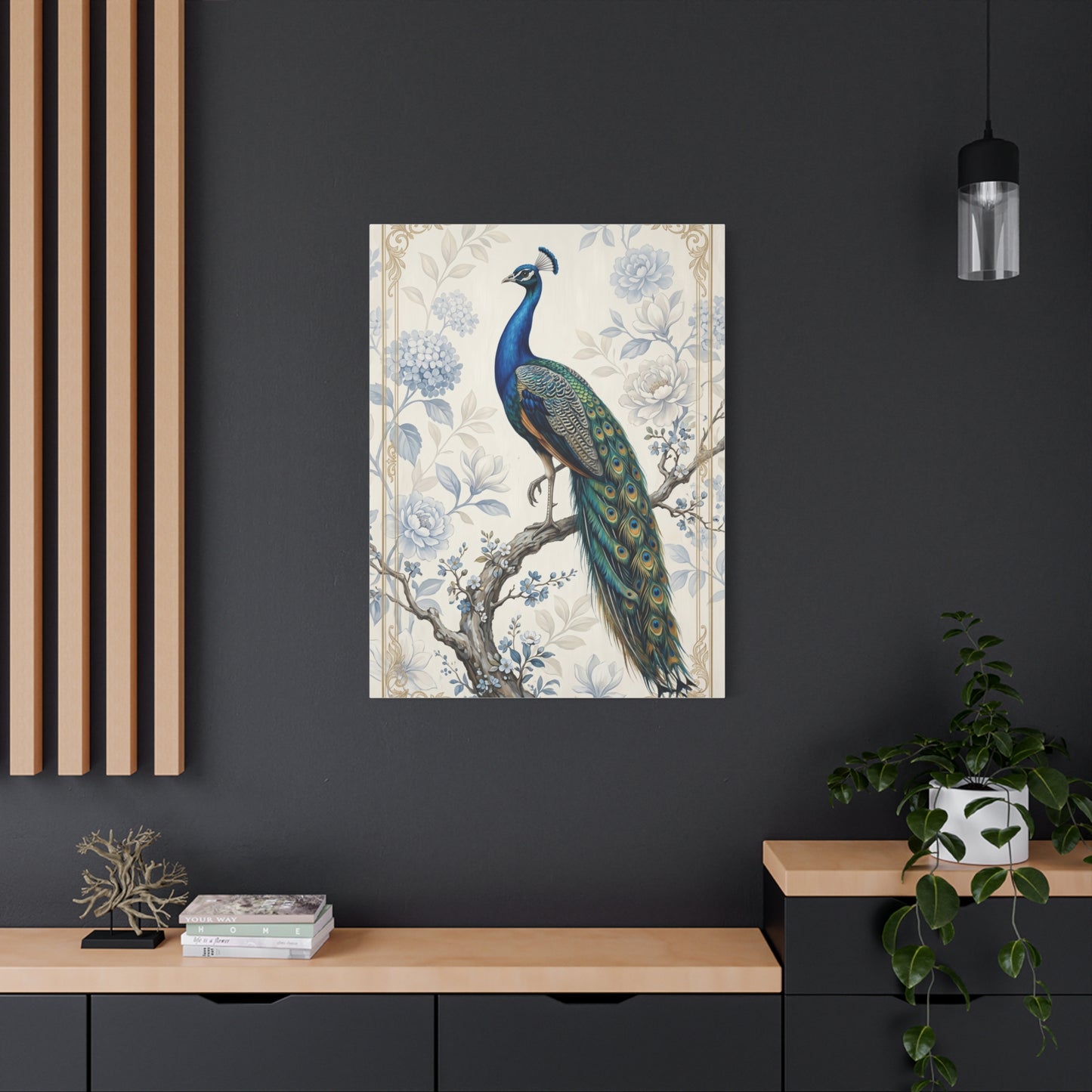 Elegant Blue Botanical Peacock Wall Art & Canvas Print