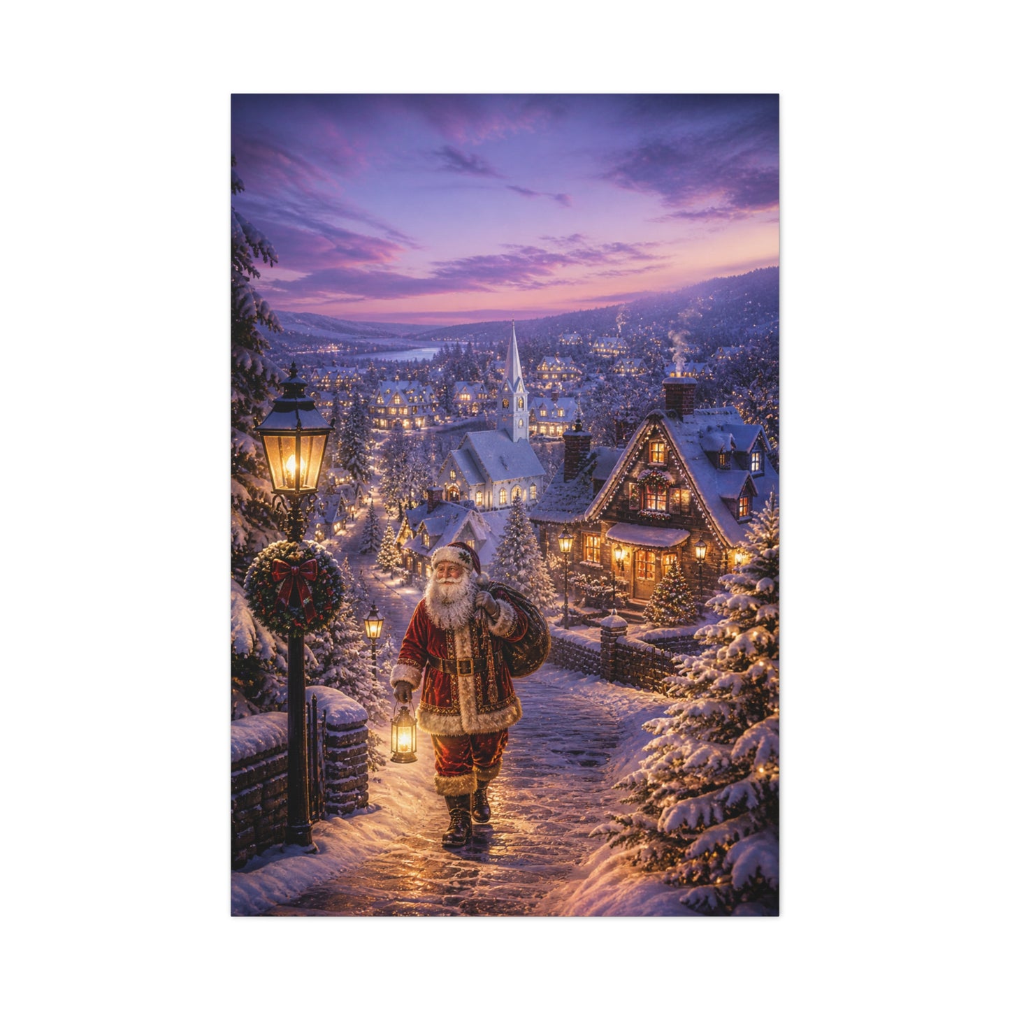 Snowy Village Santa Lantern Walk Wall Art & Canvas Print