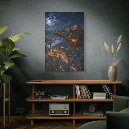 Santa Sleigh Flight Over Snowy Village Wall Art & Canvas Print
