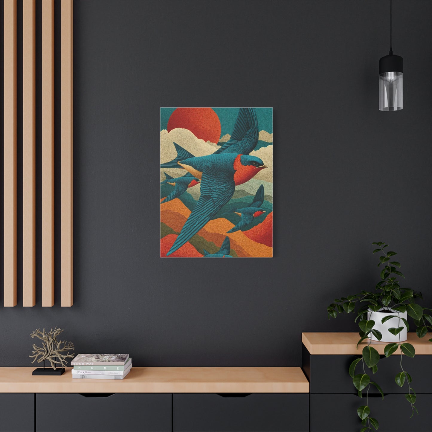Stylized Swallow Flight Landscape Wall Art & Canvas Print
