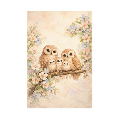 Whimsical Owl Family Blossom Scene Wall Art & Canvas Print