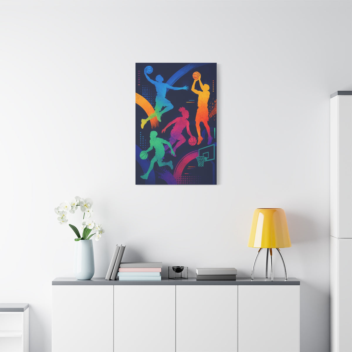 Rainbow Basketball Silhouette Sports Wall Art & Canvas Print