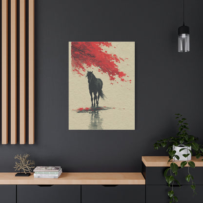 Minimal Horse Silhouette Under Red Maple Wall Art & Canvas Print