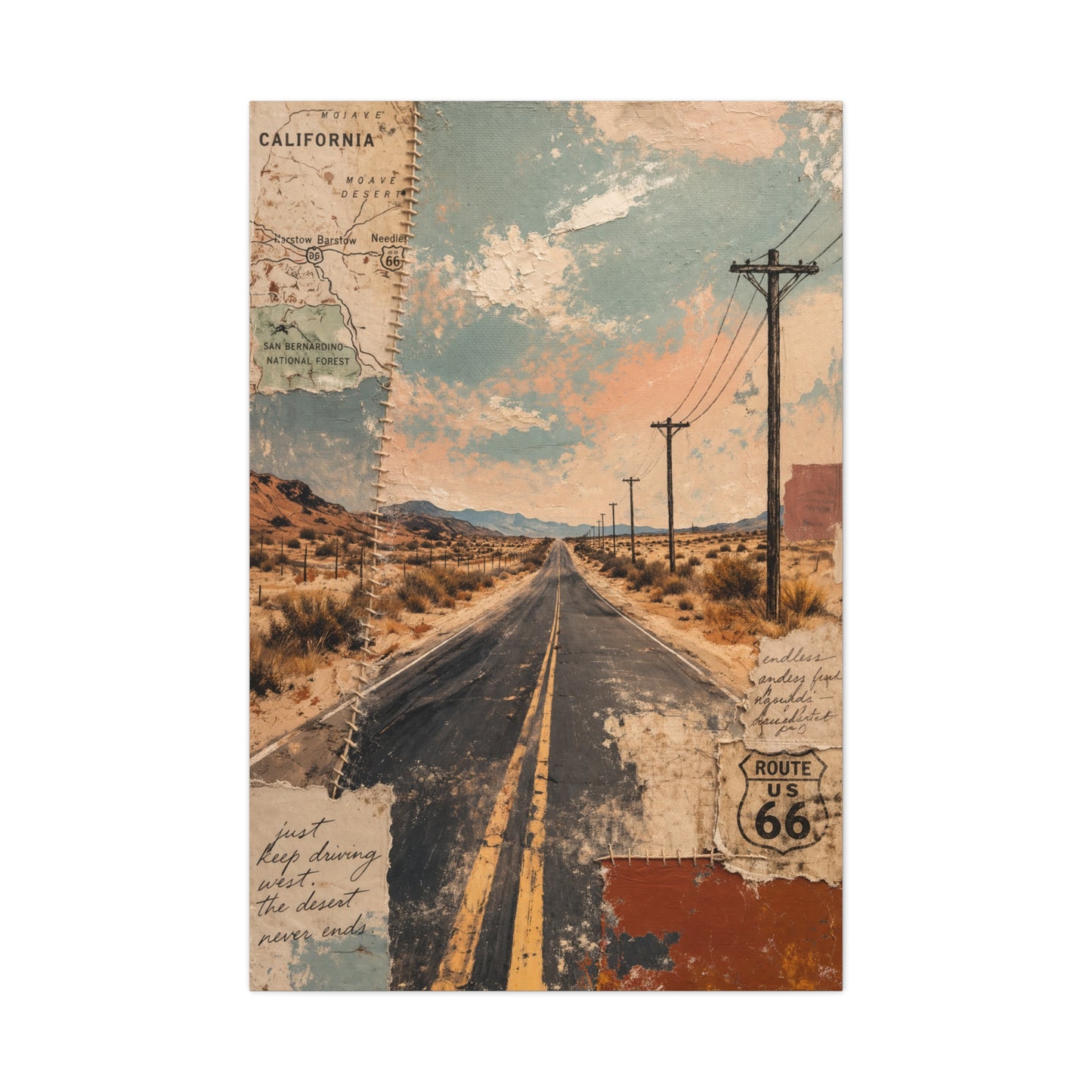 Route 66 Desert Collage Landscape Wall Art & Canvas Print