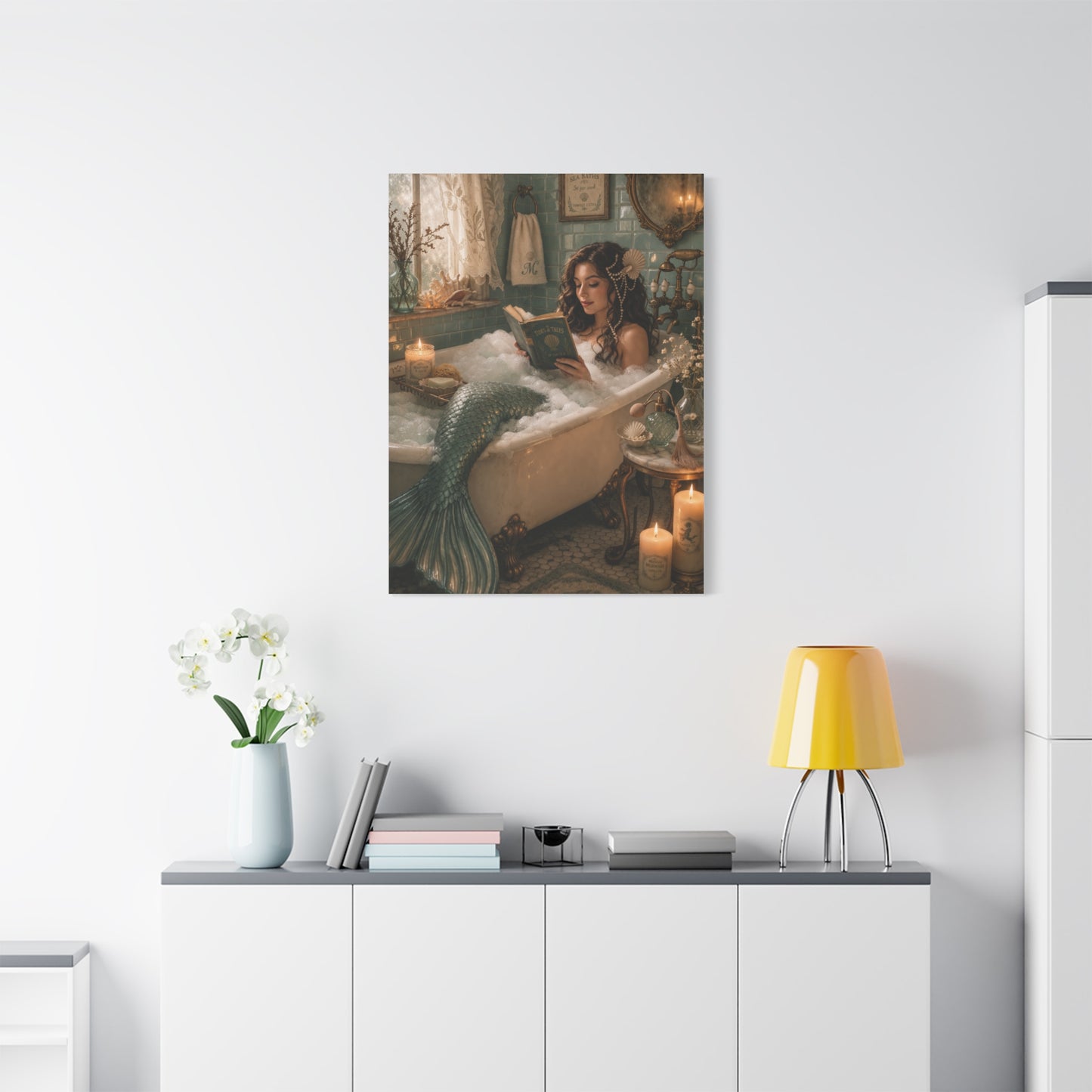 Vintage Bath Mermaid Reading Wall Art & Canvas Print
