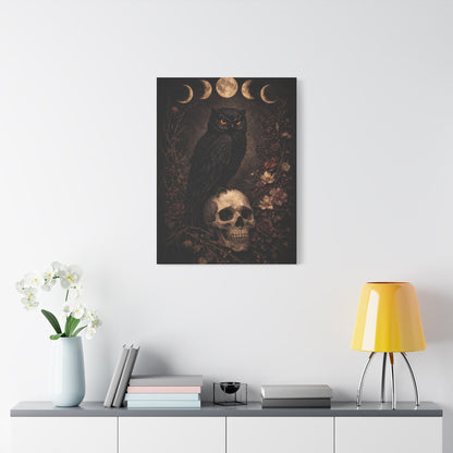 Gothic Moon Phase Owl Skull Wall Art & Canvas Print