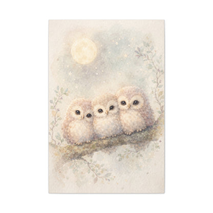 Moonlit Owlet Trio Watercolor Wall Art & Canvas Print
