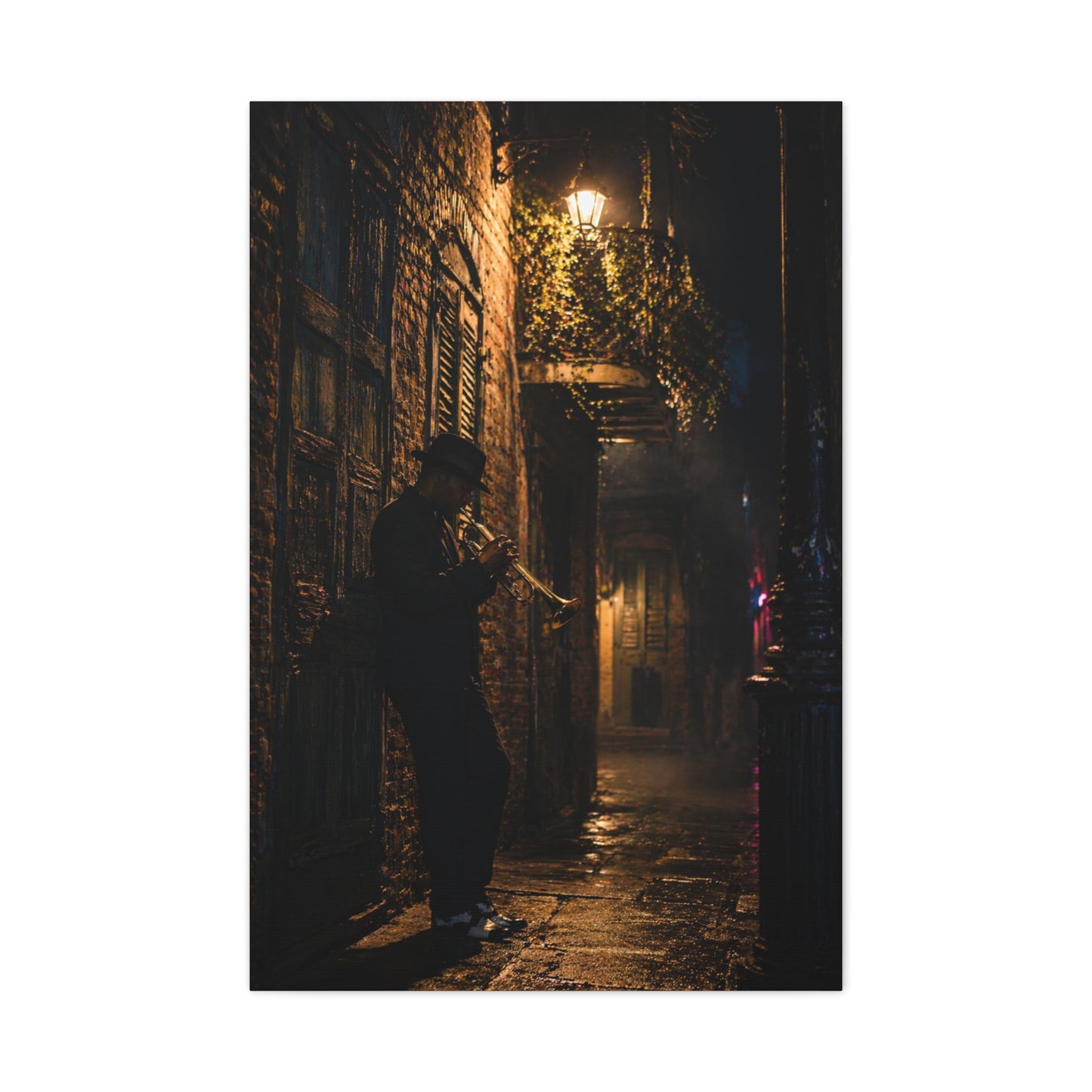French Quarter Alley Trumpet Scene Wall Art & Canvas Print