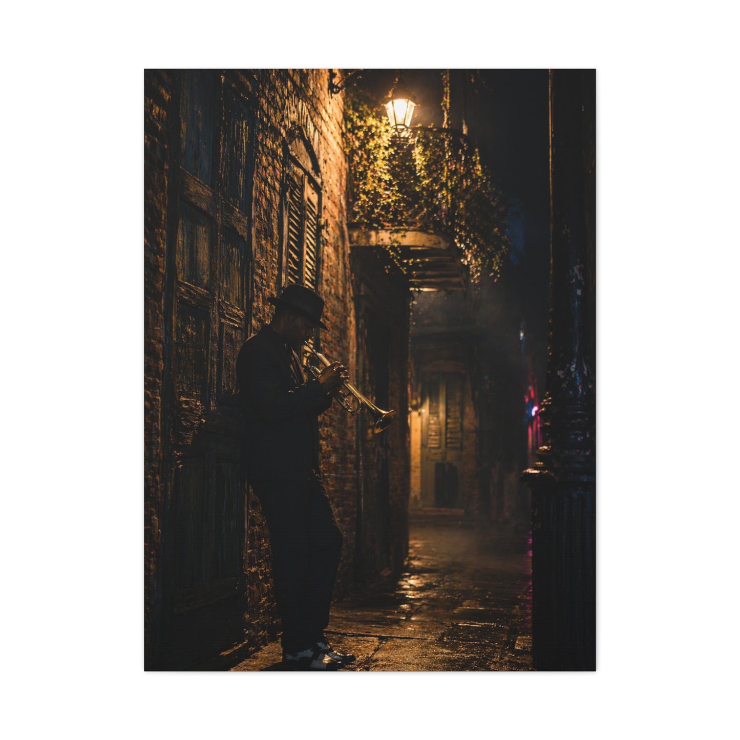 French Quarter Alley Trumpet Scene Wall Art & Canvas Print