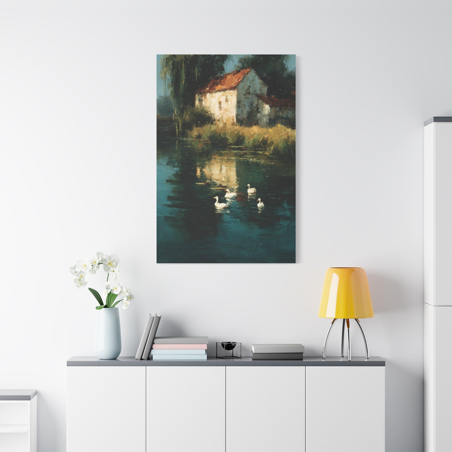 Farmhouse Pond with Ducks Reflection Wall Art & Canvas Print