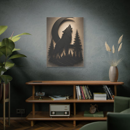 Matte Black Howling Wolf Moon Silhouette Wall Art & Canvas Print