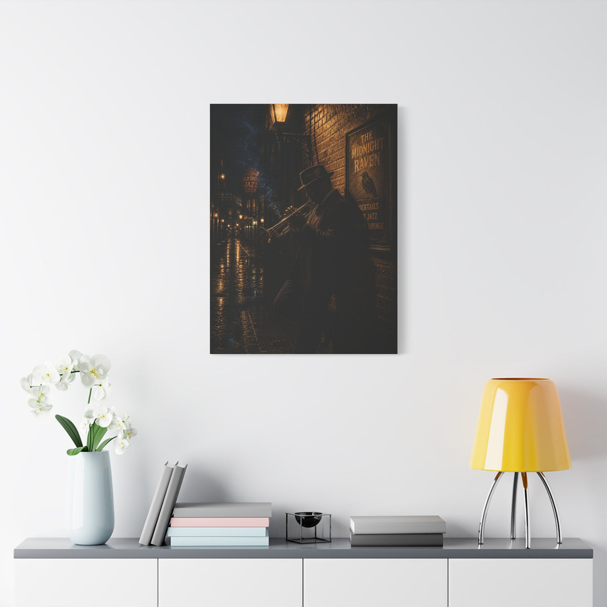 Midnight Jazz Alley Trumpeter Wall Art & Canvas Print