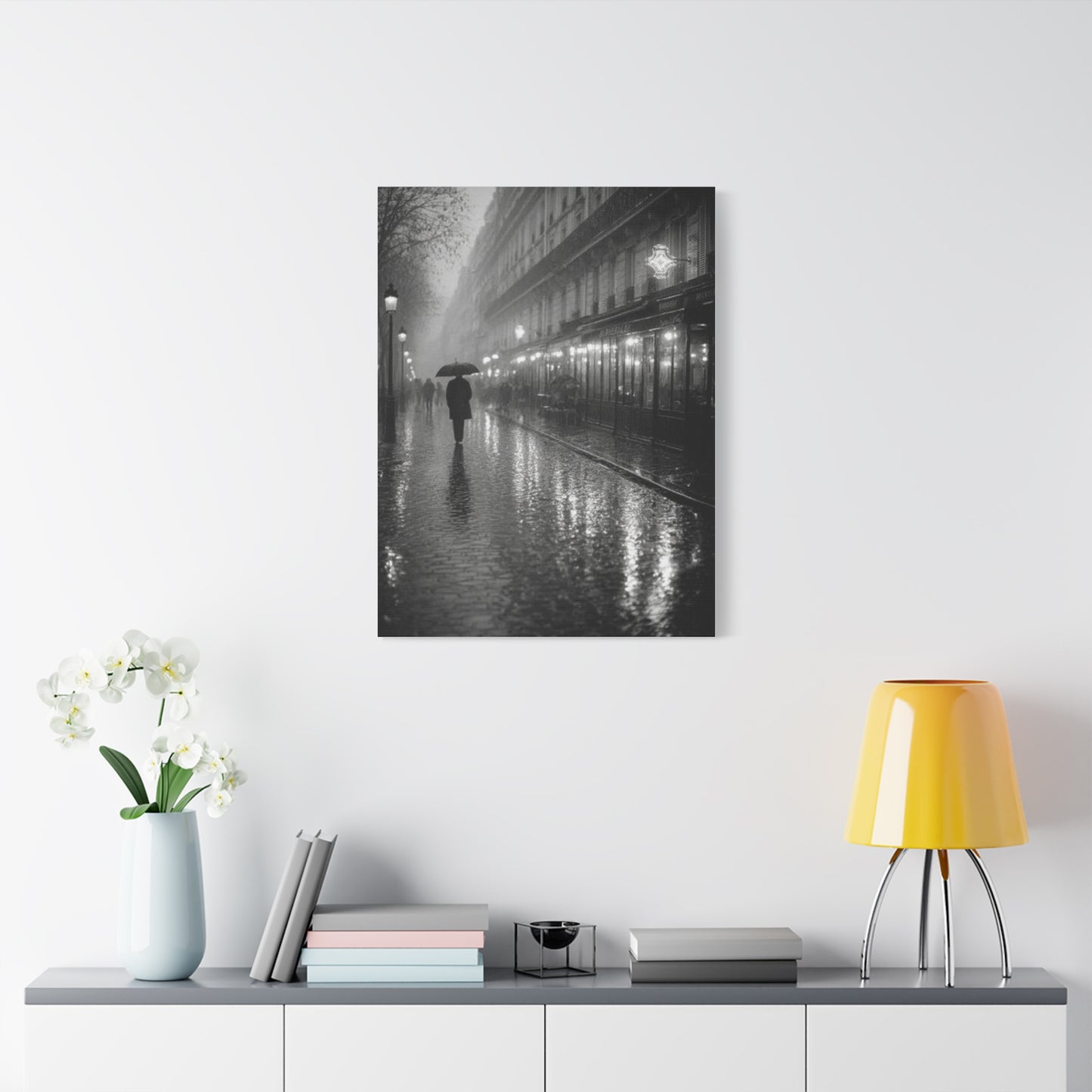Rainy Paris Street Monochrome Wall Art & Canvas Print