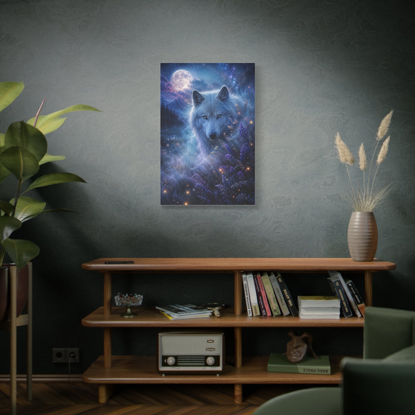 Moonlit White Wolf Portrait Wilderness Scene Wall Art & Canvas Print