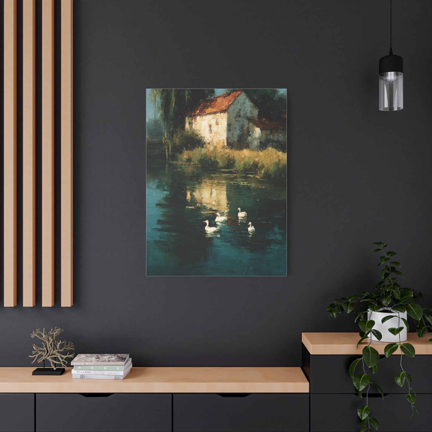 Farmhouse Pond with Ducks Reflection Wall Art & Canvas Print