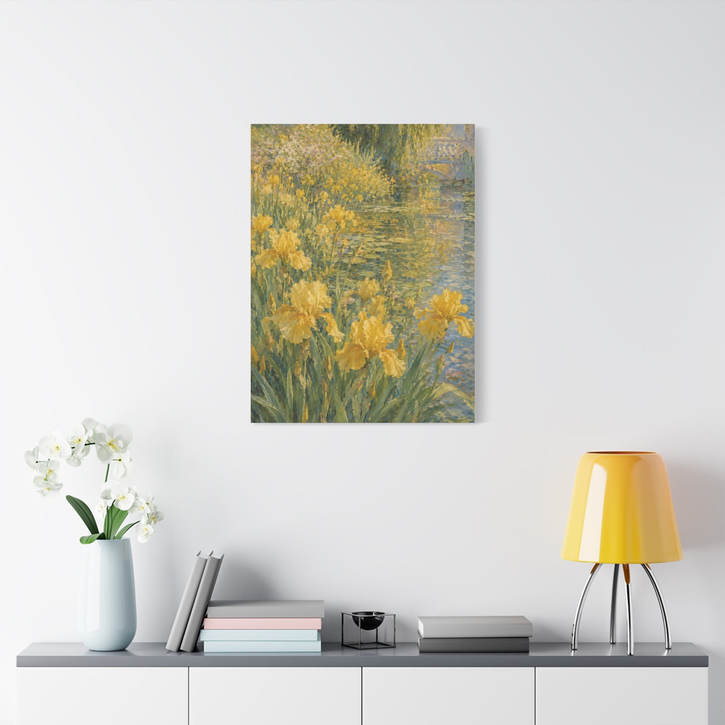 Impressionist Yellow Iris Garden Waterside Scene Wall Art & Canvas Print