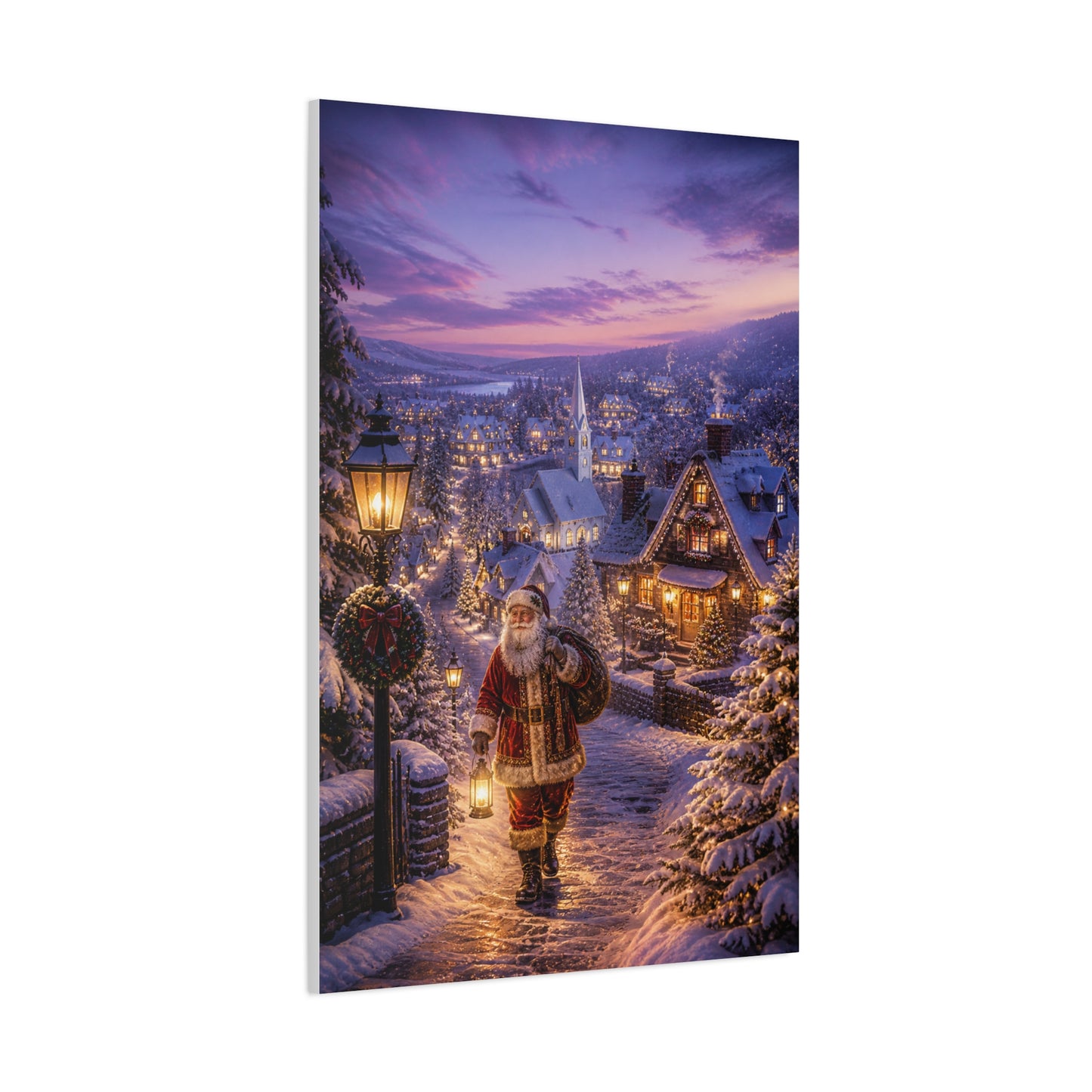 Snowy Village Santa Lantern Walk Wall Art & Canvas Print