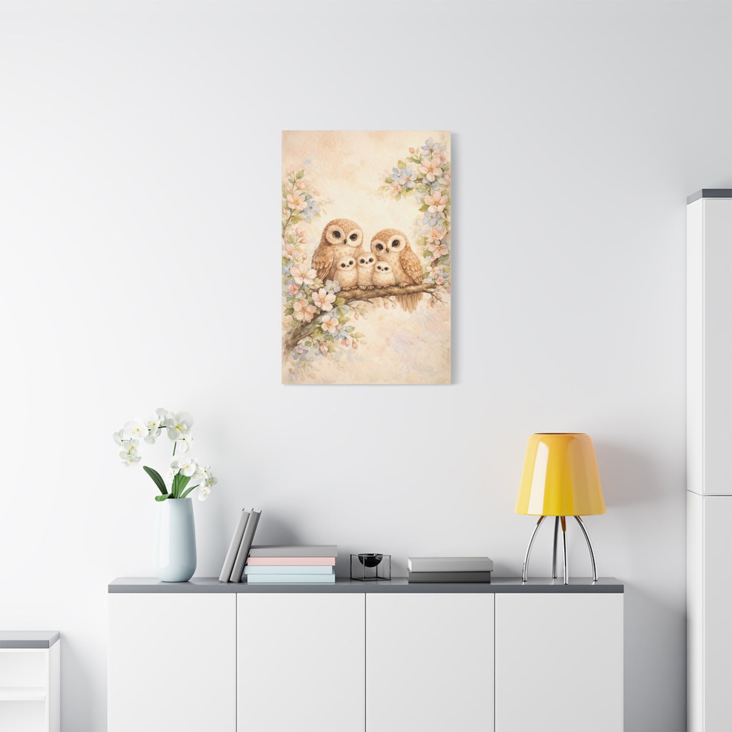 Whimsical Owl Family Blossom Scene Wall Art & Canvas Print