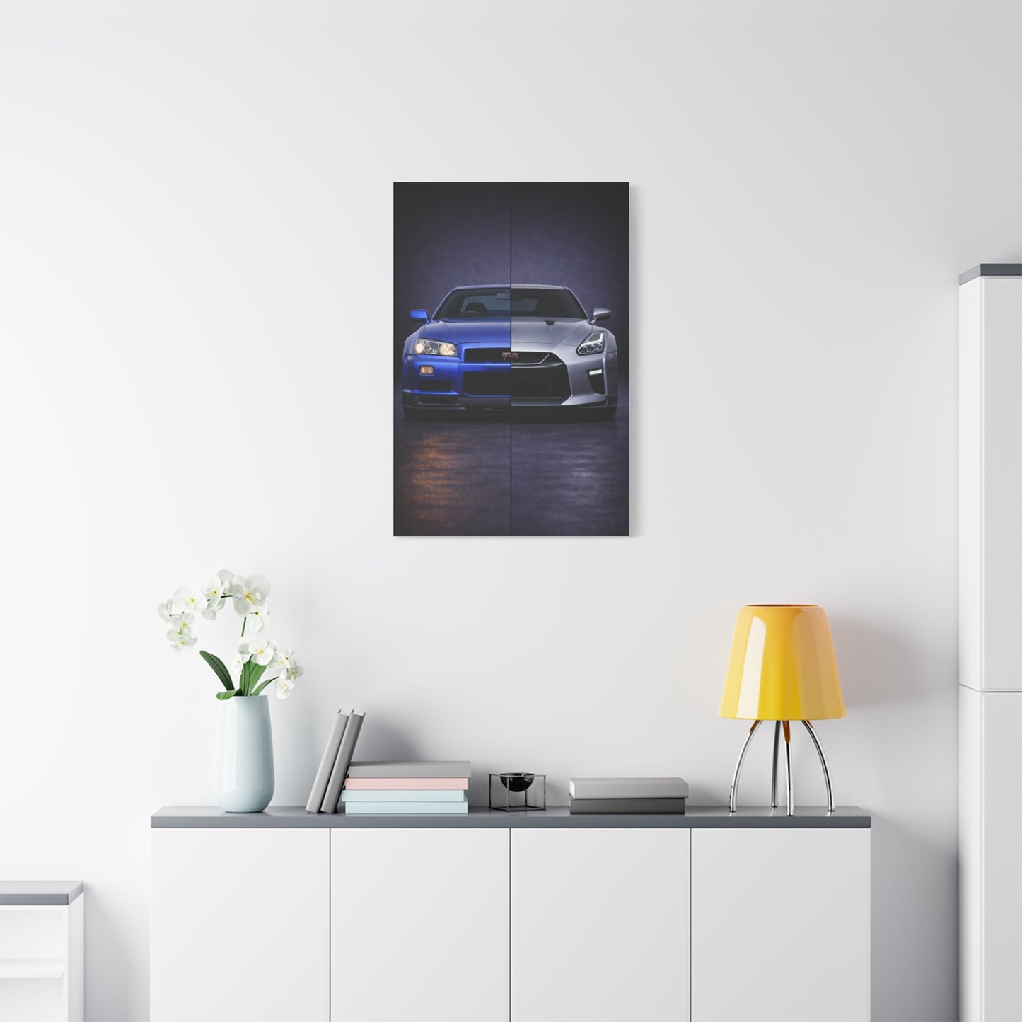 Nissan GT R Split R34 Skyline vs R35 Evolution Wall Art & Canvas Prints