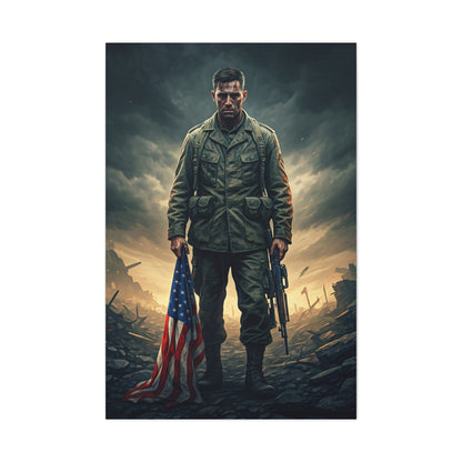 Soldier Standing With Flag of Courage Wall Art & Canvas Prints