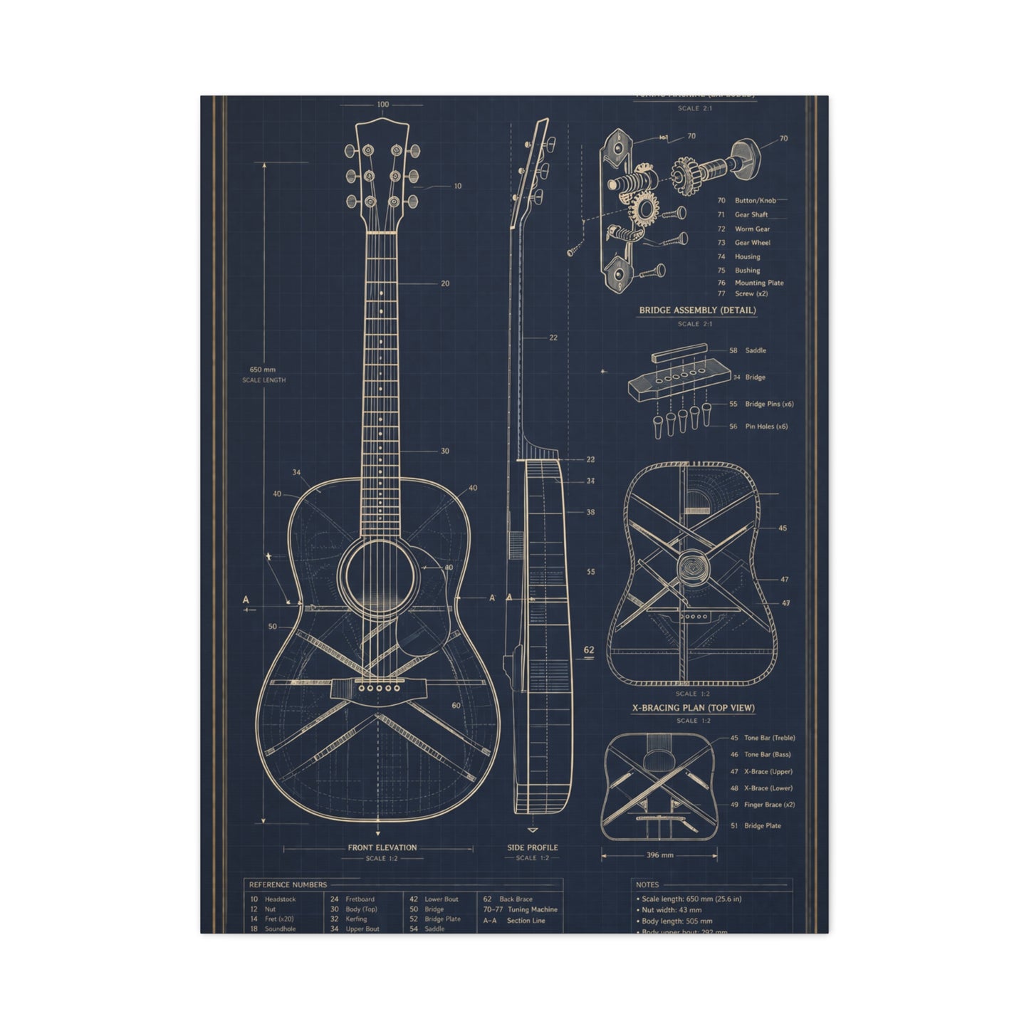 Acoustic Guitar Technical Blueprint Wall Art & Canvas Print