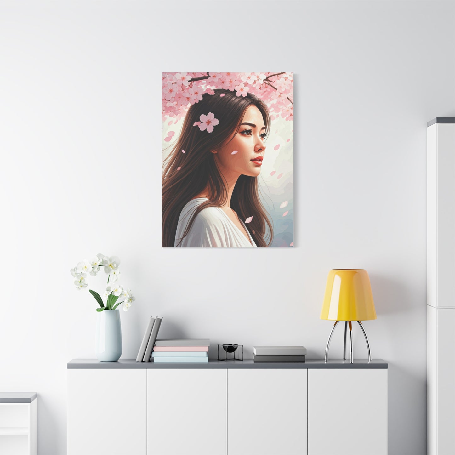 Woman Beneath Falling Cherry Blossoms Wall Art & Canvas Prints