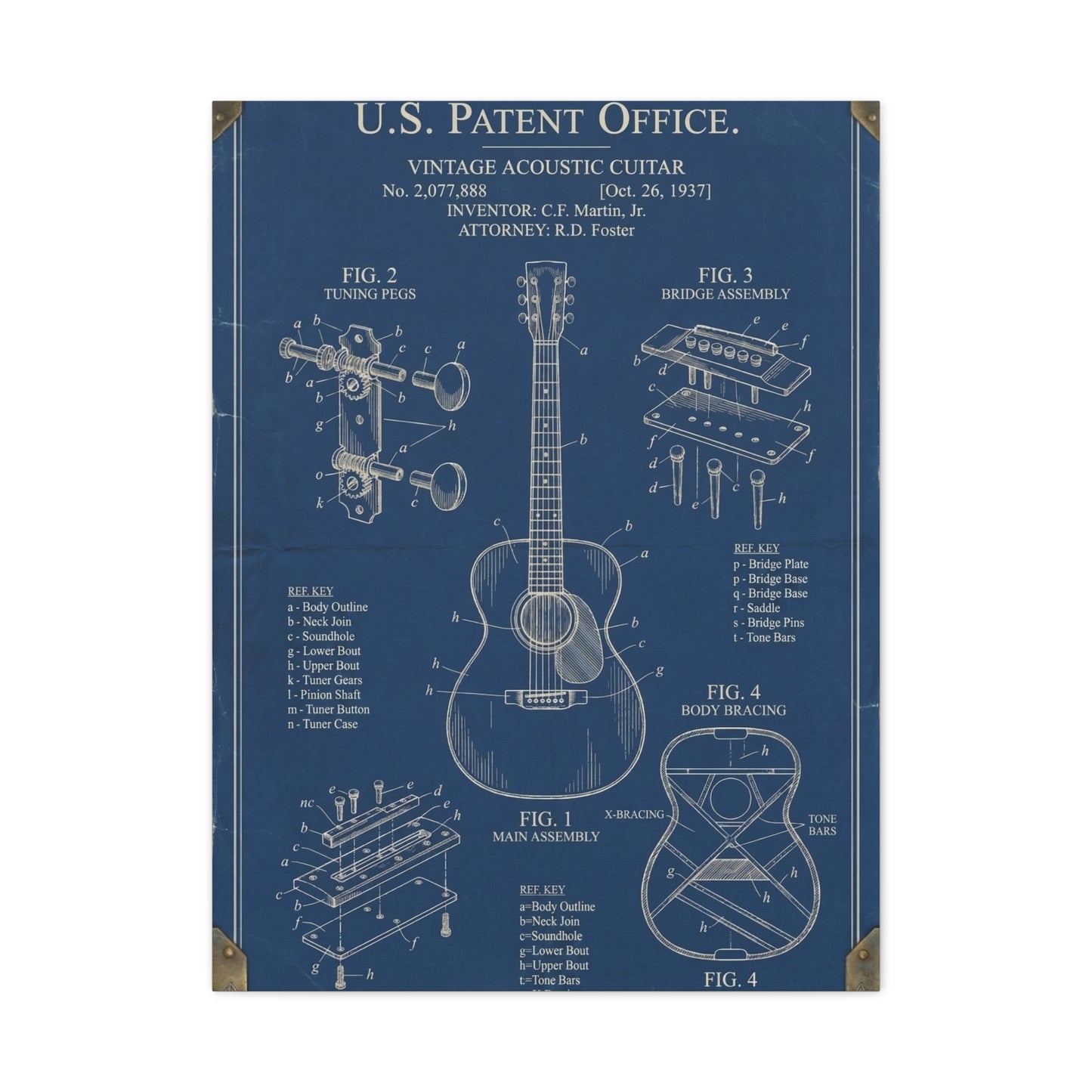 Vintage Acoustic Guitar Patent Blueprint Wall Art & Canvas Print